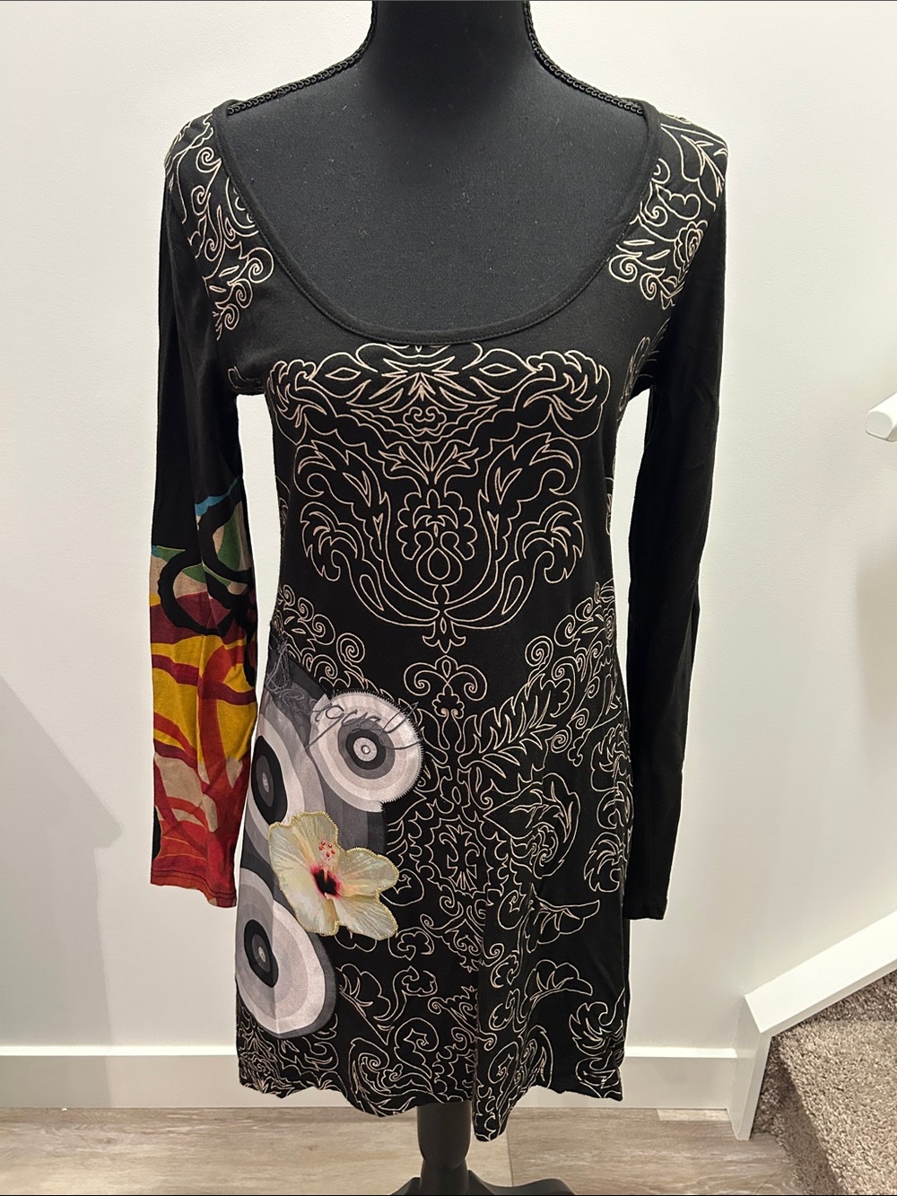 Desigual Black Long-Sleeve Floral & Ornate Print Dress Size M